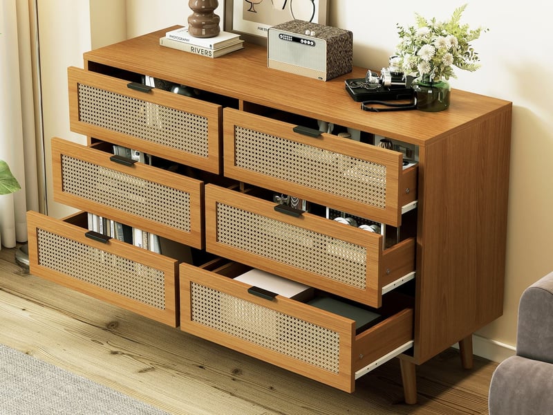  Commode avec 6 tiroirs, tiroirs à poignées métalliques, rangement spacieux pour chambre à coucher, pièces de vie et bureau, 120 x 76,5 x 40 cm  - Conforama B