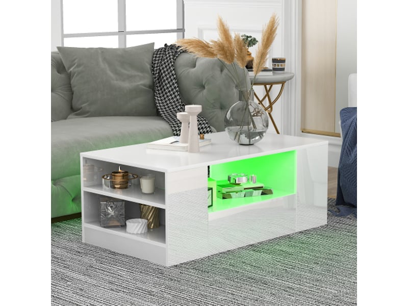  Table basse de salon blanc brillant avec led, 2 tiroirs et 2 niches de rangement, 95x53x37 cm  - Conforama C
