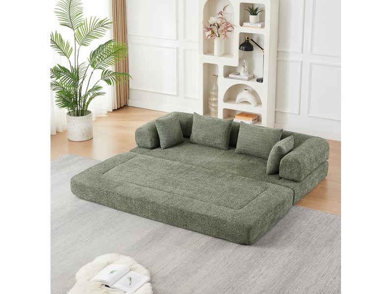 Canapé droit convertible 2 places en tissu vert, dossier réglable, 4 configurations, livré avec 4 coussins - Conforama E