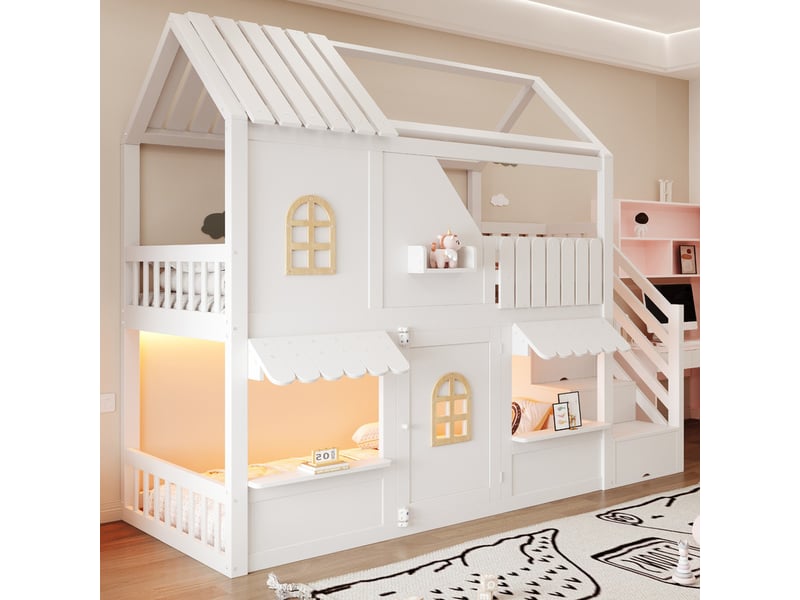  Lit mezzanine ,90x200 cm,design maison,coffre,avec led et échelle,bois,blanc  - Conforama D