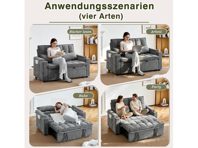  Canapé-lit 3-en-1 142x89x89 cm convertible, 2 porte-gobelets, rangements, chenille, gris sans matelas  - Conforama D