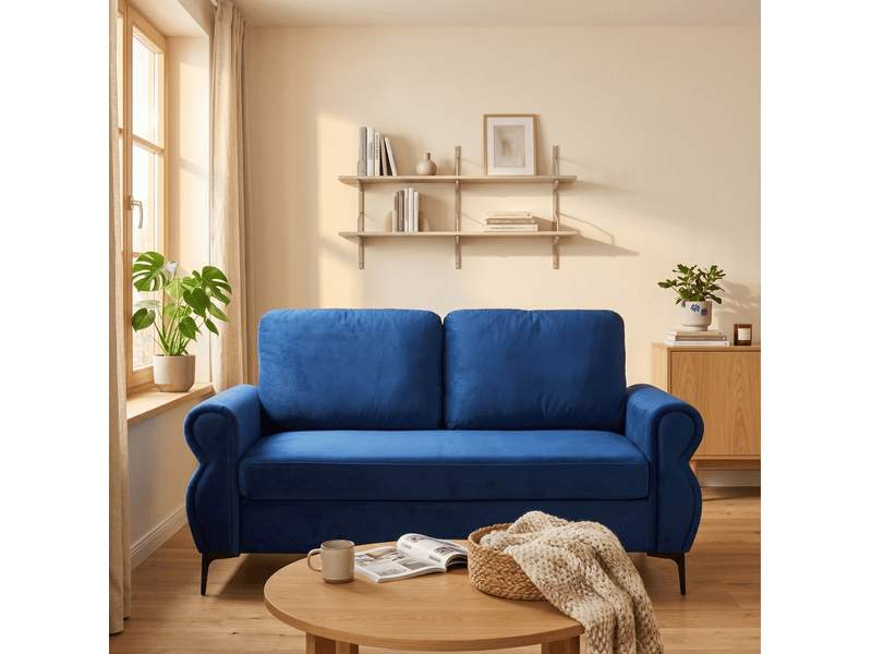  Canapé droit 2 places en tissu bleu 173,5 cm, assise souple et housses amovibles pour petit salon moderne  - Conforama B