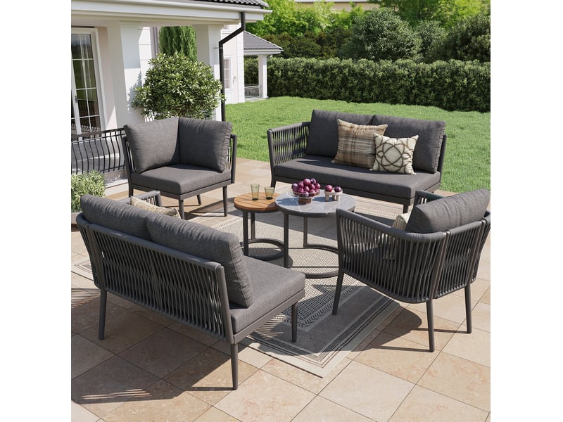  Salon de jardin modulable 6 pièces gris en métal et oléfine, 2 canapés, fauteuil, module d'angle et tables  - Conforama B
