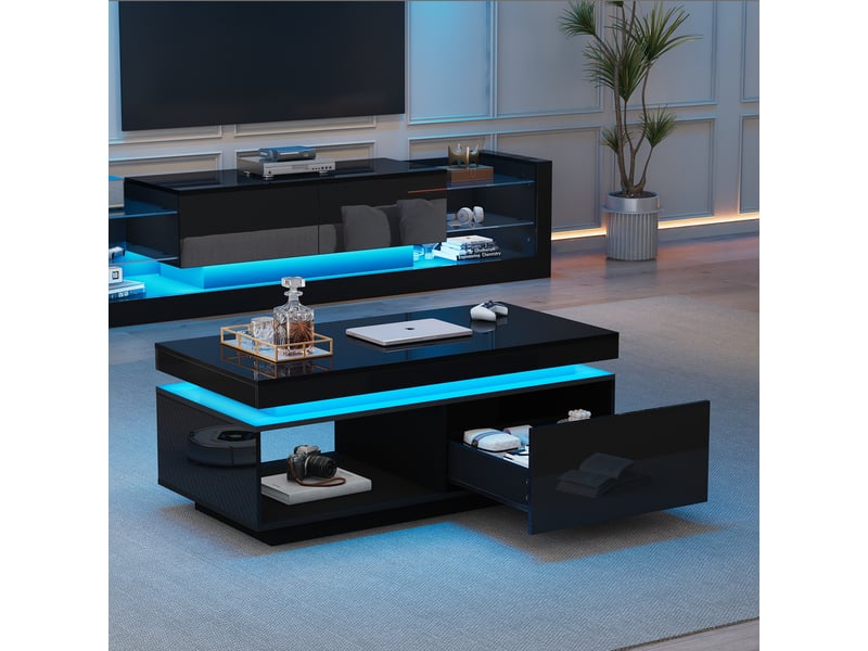  Table basse noire brillante avec éclairage led, 100x50x40,3 cm, table de salon moderne avec tiroir de rangement, charge 50 kg  - Conforama E