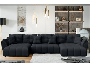 Canapé d'angle panoramique convertible <strong>AX LIVING </strong> <strong>Antalya-U</strong> 6 places Velours noir avec coffre de rangement