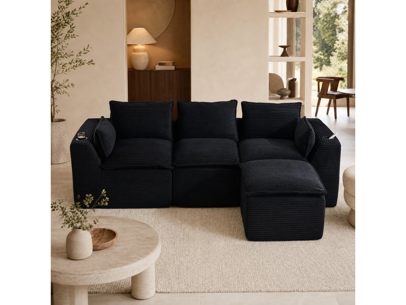  Canapé modulaire 3 places avec pouf en velours côtelé noir  - Conforama C