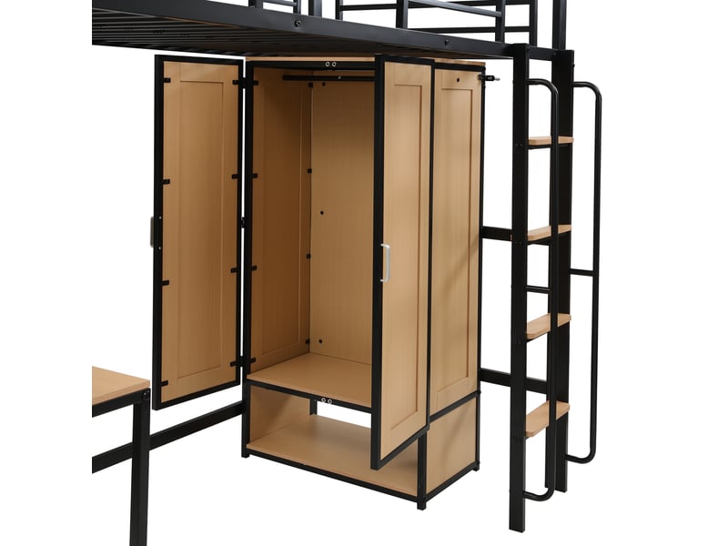 Lit mezzanine enfant 90x200 cm – noir et naturel – bureau, armoire 2 portes et rangements, sans matelas - Conforama E
