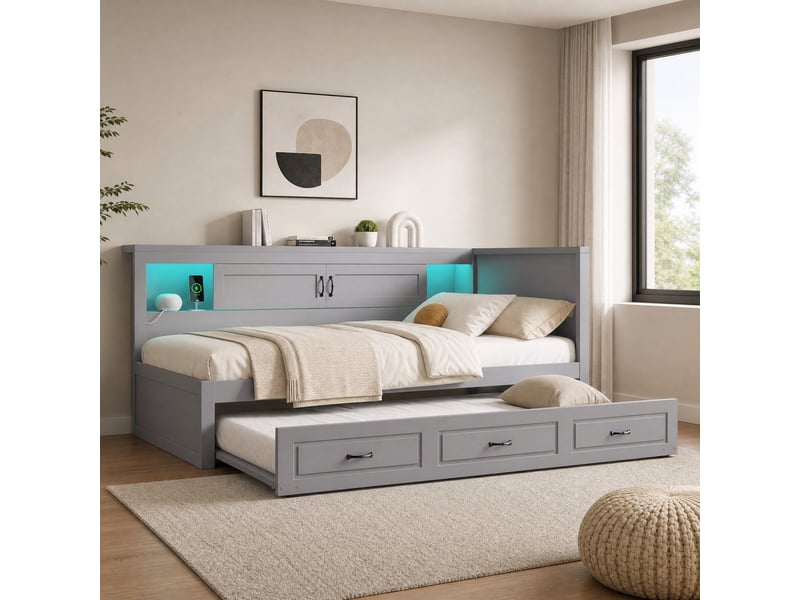 Lit gigogne 90x200cm, sommier, tête de lit, portes coulissantes, recharge, avec éclairage led, lit simple, mdf gris sans matelas  - Conforama B