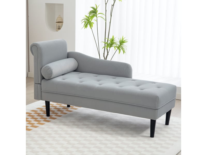  Chaise longue avec revêtement matelassé effet velours gris, en bois massif et mousse, 146 x 61 x 82,5 cm  - Conforama D