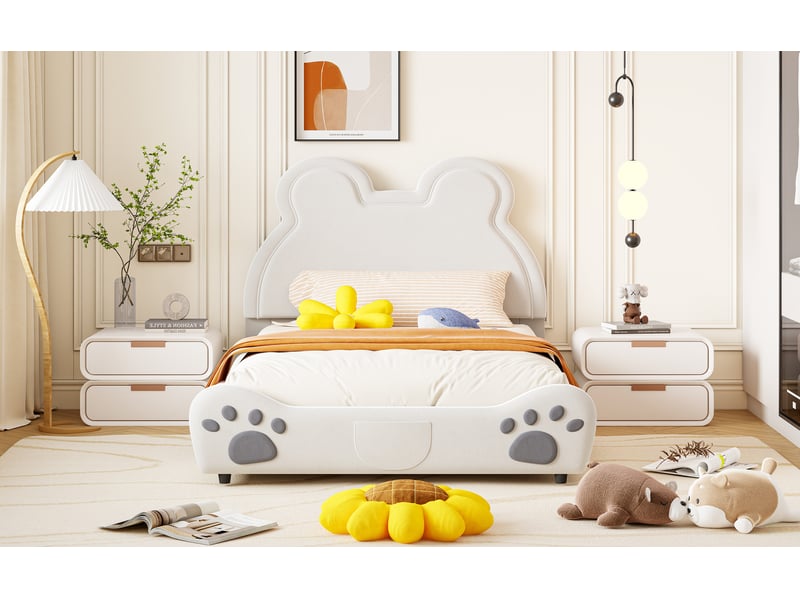  Lit enfant tcqpz en forme d’ours 140 x 200 cm blanc en velours  - Conforama D