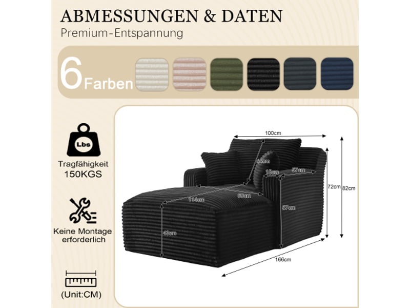 Canapé chaise longue moderne en velours côtelé – canapé-lit cosy, fauteuil relax sans montage – salon & appartement - Conforama C
