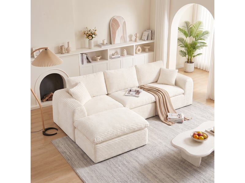 Canapé d’angle modulable 4 places 280 cm, 3-en-1, sans cadre rigide, mousse et ressorts, couchage d’appoint, velours côtelé, beige Morn Vibe - Conforama B