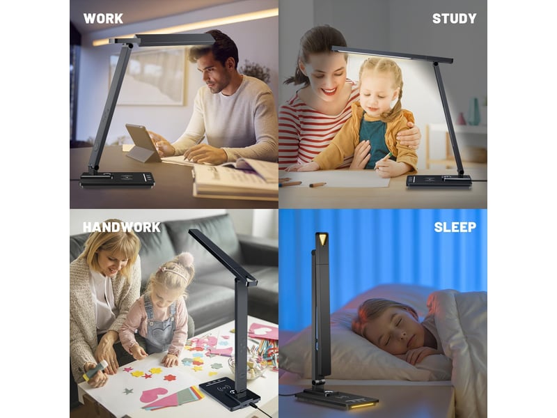  Lampe de bureau led avec chargeur sans fil &amp; port usb 5 couleurs 5 luminosités écran lcd  - Conforama E