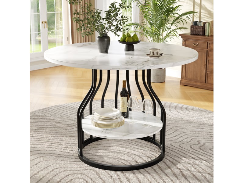 Table à manger ronde 80 x 80 x 76 cm, mdf effet marbre, rangement, noire - Conforama E