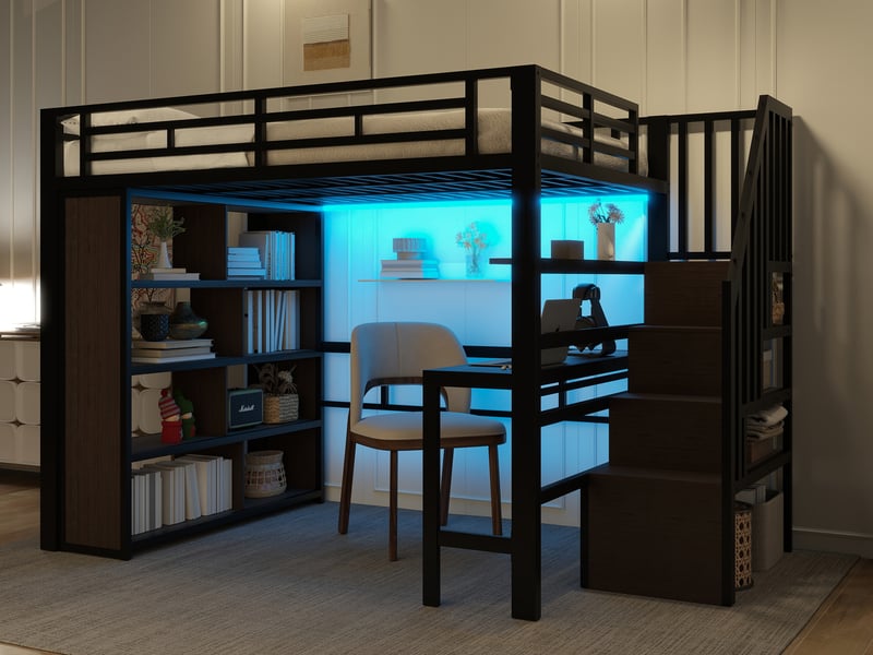  Lit mezzanine 140 x 200 cm, avec bureau, étagère, bande lumineuse led, escalier avec rangements, sans matelas, noir  - Conforama B