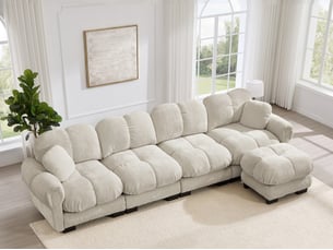 Canapé modulable d’angle 4 places avec ottomane en tissu beige