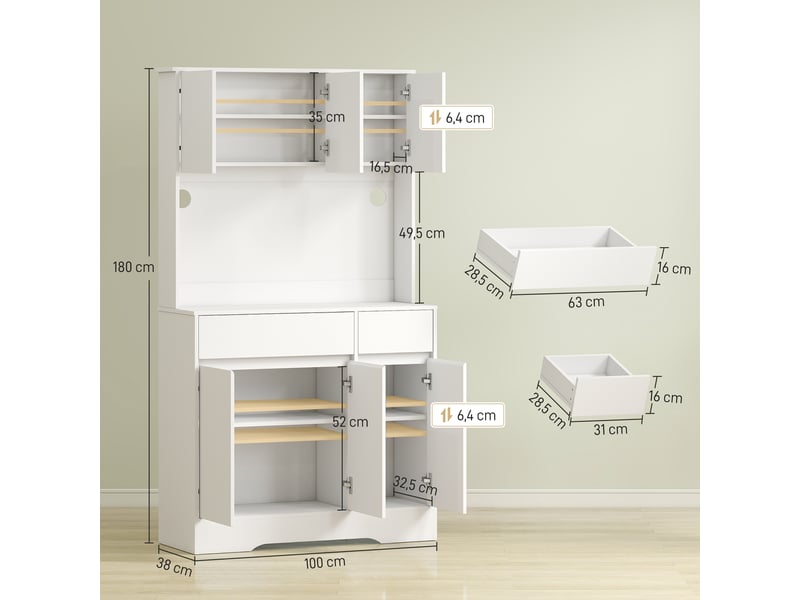 Meuble de cuisine avec plan de travail ouvert, 6 portes, 2 tiroirs, étagères réglables, passe-câbles, panneaux de particules, blanc  - Conforama E
