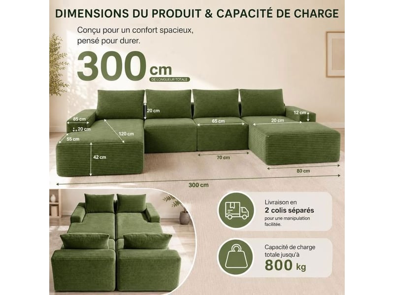 Canapé d'angle modulable 4 places avec méridienne, velours côtelé vert, design moderne pour salon élégant - Conforama D