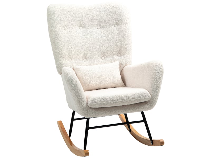  Fauteuil à bascule blanc crème avec accoudoirs, fauteuil d'allaitement en tissu bouclette et pieds en bois, 69x92x100 cm  - Conforama A