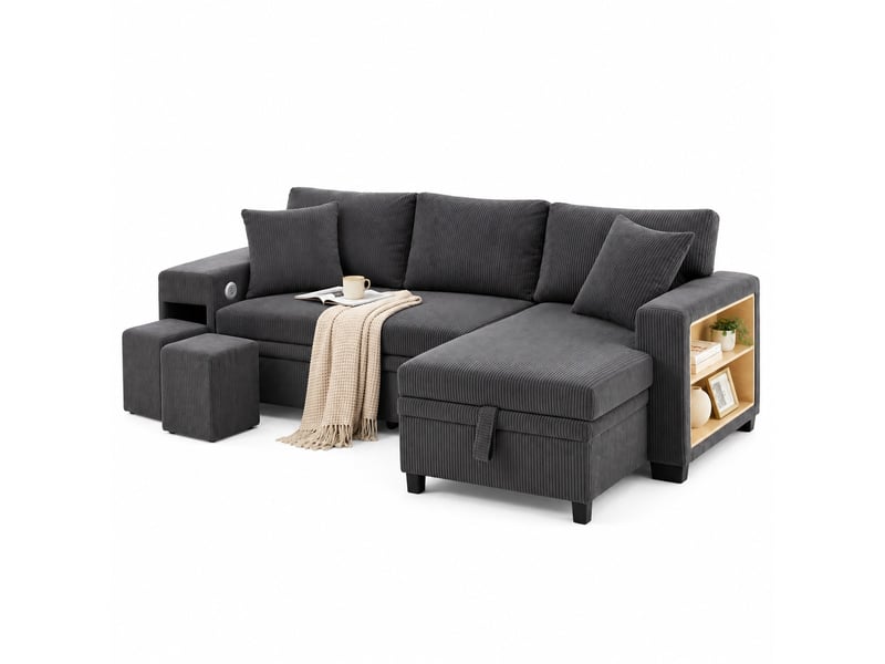  Canapé d'angle réversible convertible 3 places avec coffre, ports usb-c, étagères et 2 poufs, velours côtelé gris, 231 cm  - Conforama A