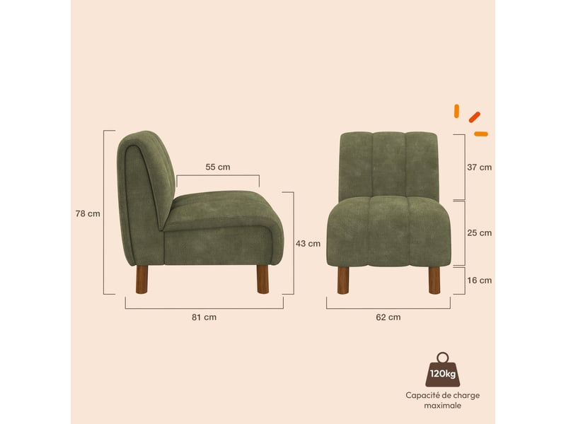  Fauteuil hector tissu chenille vert et pieds arrondis effet noyer  - Conforama E