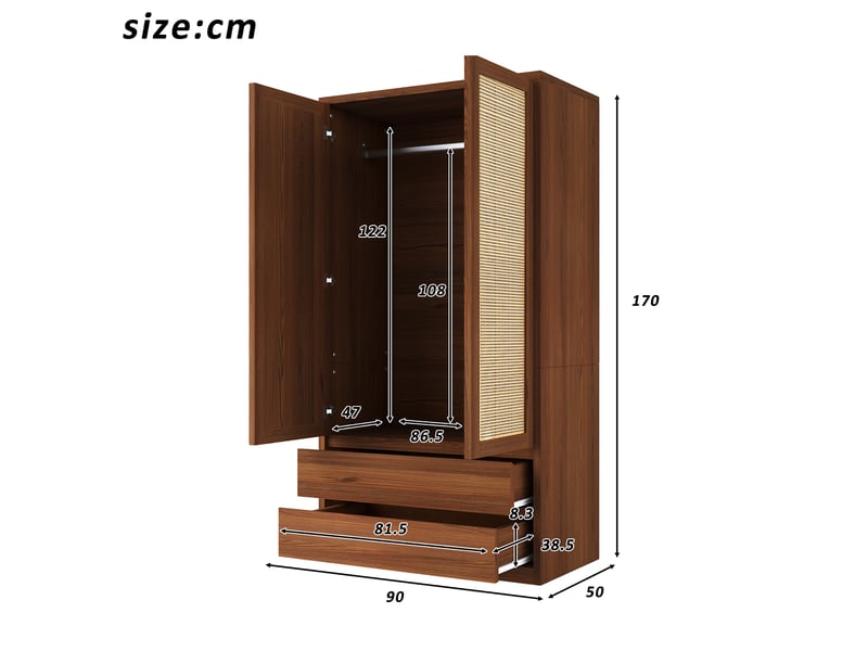 Armoire à 2 portes avec penderie et 2 tiroirs, 90x50x170 cm, décor rotin - Conforama E