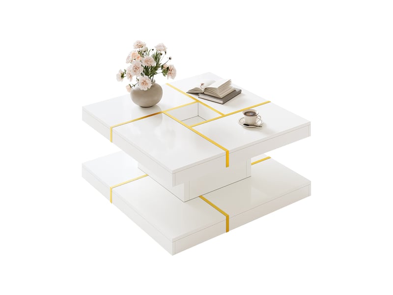  Table basse carrée à deux niveaux avec niche centrale et bordures métalliques dorées en panneau de particules blanc  - Conforama A