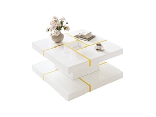 Table basse carrée à deux niveaux avec niche centrale et bordures métalliques dorées en panneau de particules blanc