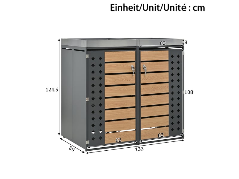  Cache-poubelles 4 compartiments avec bac à plantes, panneaux bois horizontaux, métal gris  - Conforama C