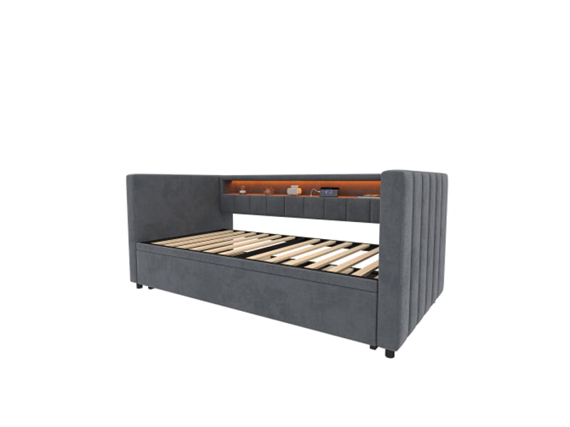  Lit gigogne 90x190 cm avec port usb type-c, éclairage led, étagères de rangement, en velours, sans matelas, gris  - Conforama E