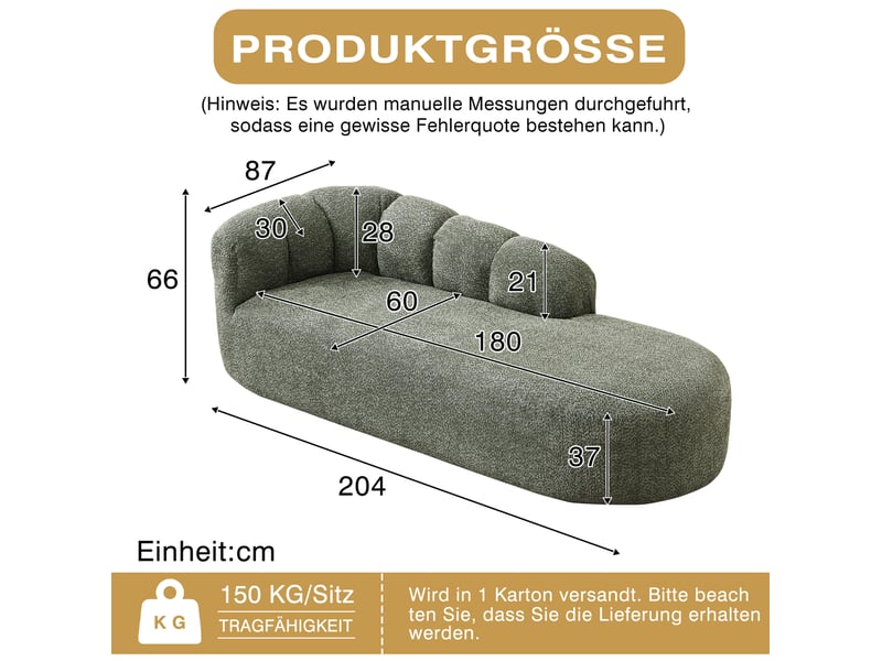 Chaise lounge moderne avec dossier courbe à ondes en velours chenille vert sauge, divan avec accent vert foncé, sofa sans accoudoirs confortable pour salon, chambre à coucher et recoin lecture - Conforama E