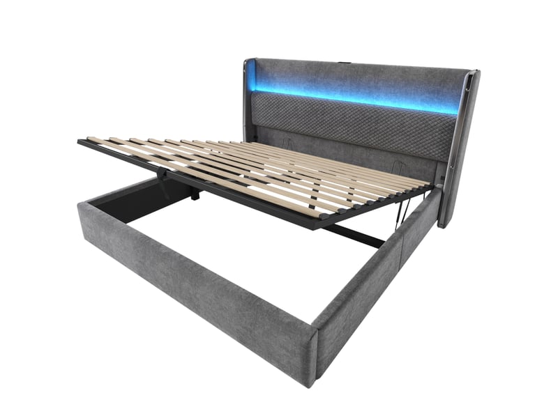  Lit coffre 180x200cm, lit double avec led, tête de lit en lin gris, usb type-c, bois, métal, matelas non inclus  - Conforama R