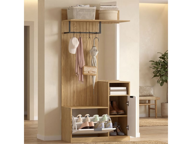 Porte-manteau d'entrée avec tringle, 4 crochets, banc avec étagère à chaussures et armoire, chêne et blanc - Conforama C