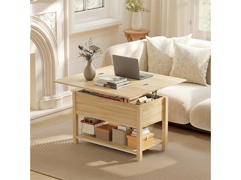 Table basse relevable extensible double plateau vérins hydraulique multi-rangement effet bois naturel - Conforama B