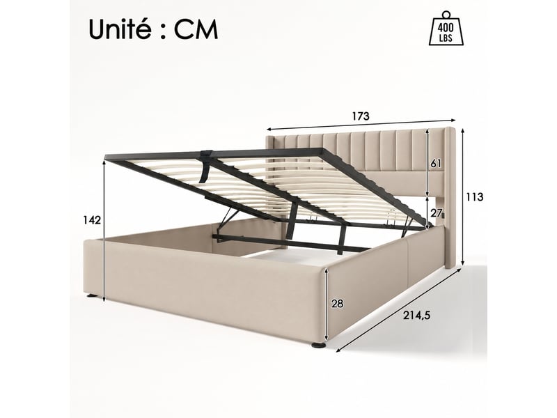 Lit coffre hydraulique 160x200, sommier inclus, tête rembourrée en lin beige - Conforama C