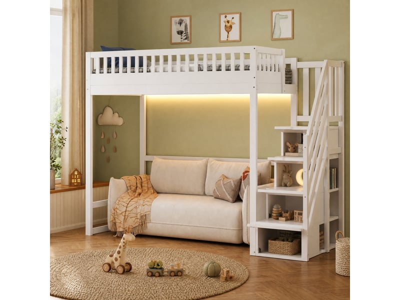  Lit mezzanine 90x200 cm escalier de rangement et led en bois blanc  - Conforama B