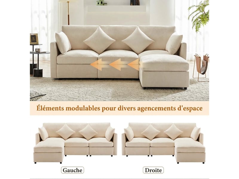  Canapé d'angle modulable 3 places avec pouf tissu chenille beige - 216x161cm  - Conforama R