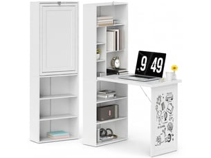 Bureau d'ordinateur pliable avec bibliothèque, tableau blanc et étagère réglable, blanc, dimensions 98x51x153 cm
