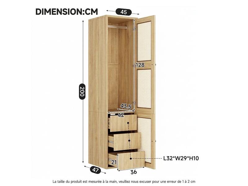  Armoire penderie 90x50x200 effet chêne 2 portes 6 tiroirs  - Conforama R