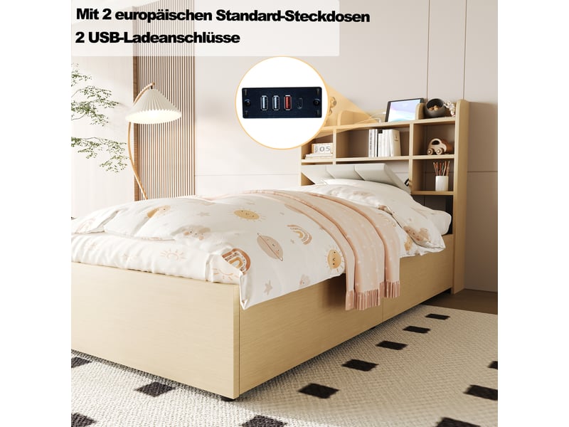 Lit simple hydraulique avec rangement, bois naturel, 90x200 cm, tête de lit avec usb et type-c - Conforama B
