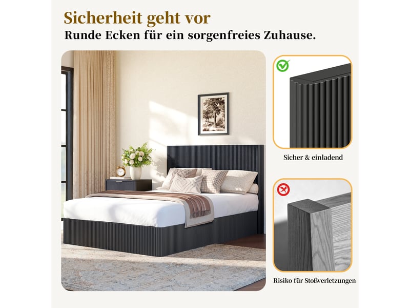  Lit double à vérins 140 x 200 cm, cadre de lit adulte avec sommier lattes, noir, lit double rembourré  - Conforama D