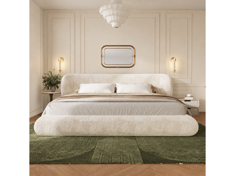 Lit double rembourré 160x200 cm avec sommier à lattes, lit adulte en chenille beige, sans matelas - Conforama B