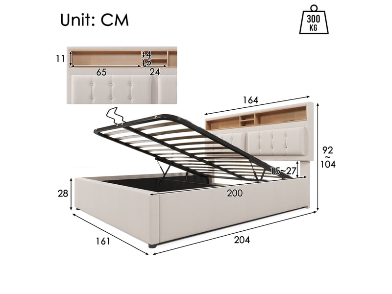 Lit coffre hydraulique 160x200 cm rembourré avec tête de lit rangement-usb et type-c-sommier à lattes en lin - Conforama C