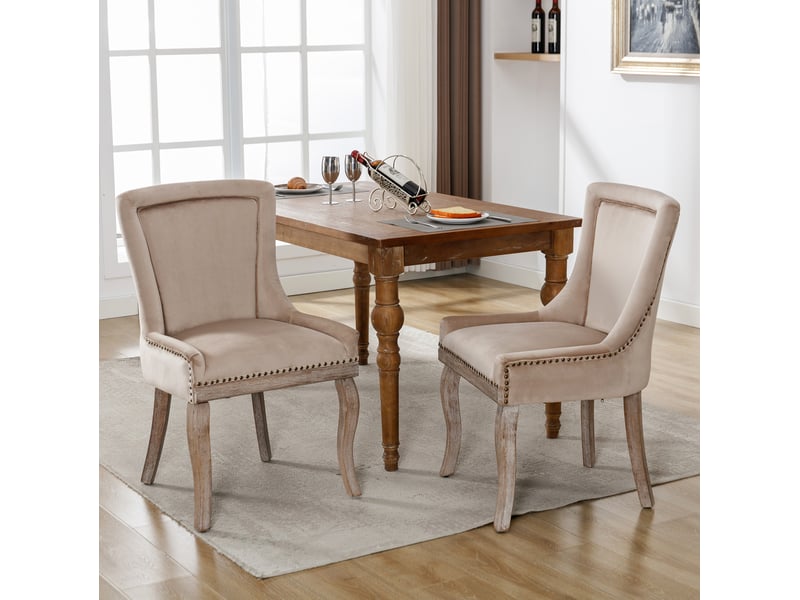  Lot de 2 chaises de salle à manger en velours beige avec dossier incurvé  - Conforama D