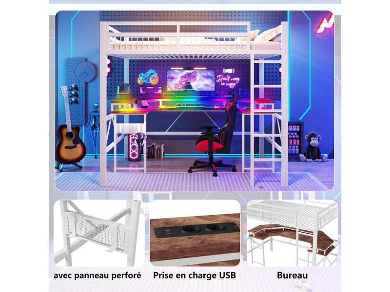  Lit mezzanine 140 x 200 cm, fer, led multicolore, bureau, 1 usb et 1 type-c et 2 prises, panneau perforé, blanc, sans matelas  - Conforama D