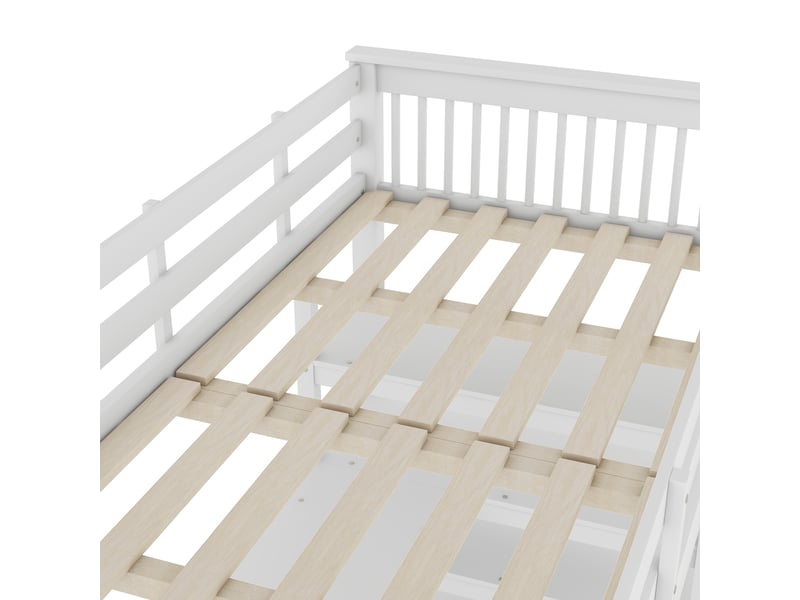  Lit mezzanine enfant 90x200 cm avec bureau intégré, étagères et garde-corps sécurisés, pin et mdf, blanc, sans matelas  - Conforama R