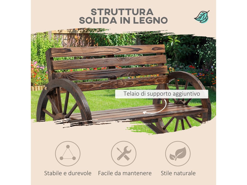 Banc de jardin 2 places en bois, avec structure à lattes et accoudoirs en forme de roue de chariot, 105,5 x 56 x 79 cm, brun brûlé - Conforama E