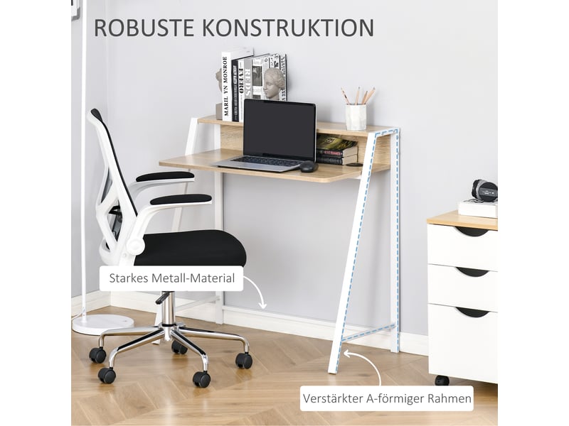  Bureau moderne avec tiroir et passe-câbles, structure métal finition chêne blanc 84x45x85 cm  - Conforama E