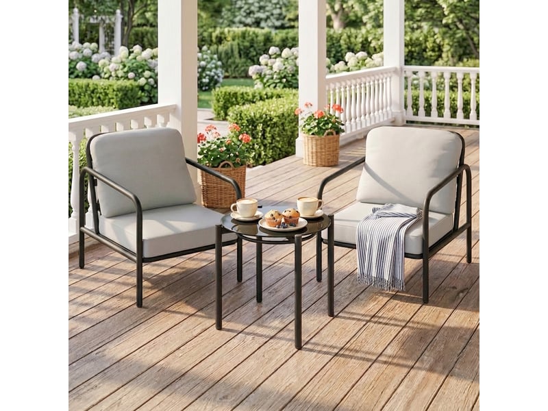 Ensemble bistro en acier 3 pièces avec 2 chaises à coussins épais et table basse avec plateau en verre trempé noir - Conforama D