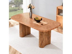 Table de salle à manger avec plateau épais et piétements en colonne arqués, pour salle à manger en mdf ton noyer